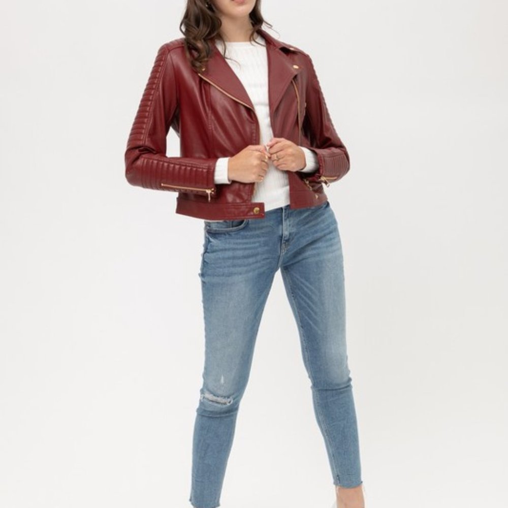 !! LAST ONE !!  Faux Leather Moto Jacket - Wine, Size Medium - PRICE FIRM - Picture 2 of 5